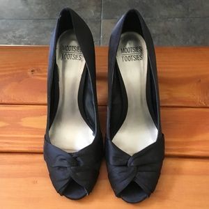 Adorable Peep Toe Black Satin Heels